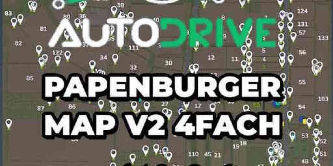 Autodrive Papenburg v2.0.0.1 map mod for FS25, showing waypoints.