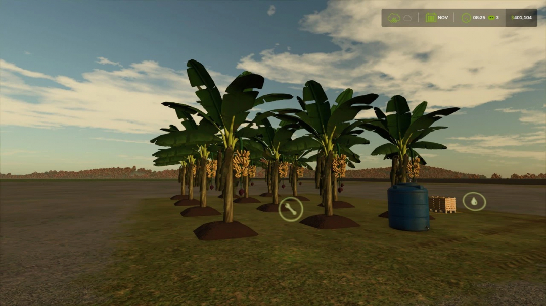 FS25 mod 'Banana Plantation v1.0.0.0' showing banana trees with fruit in a field.