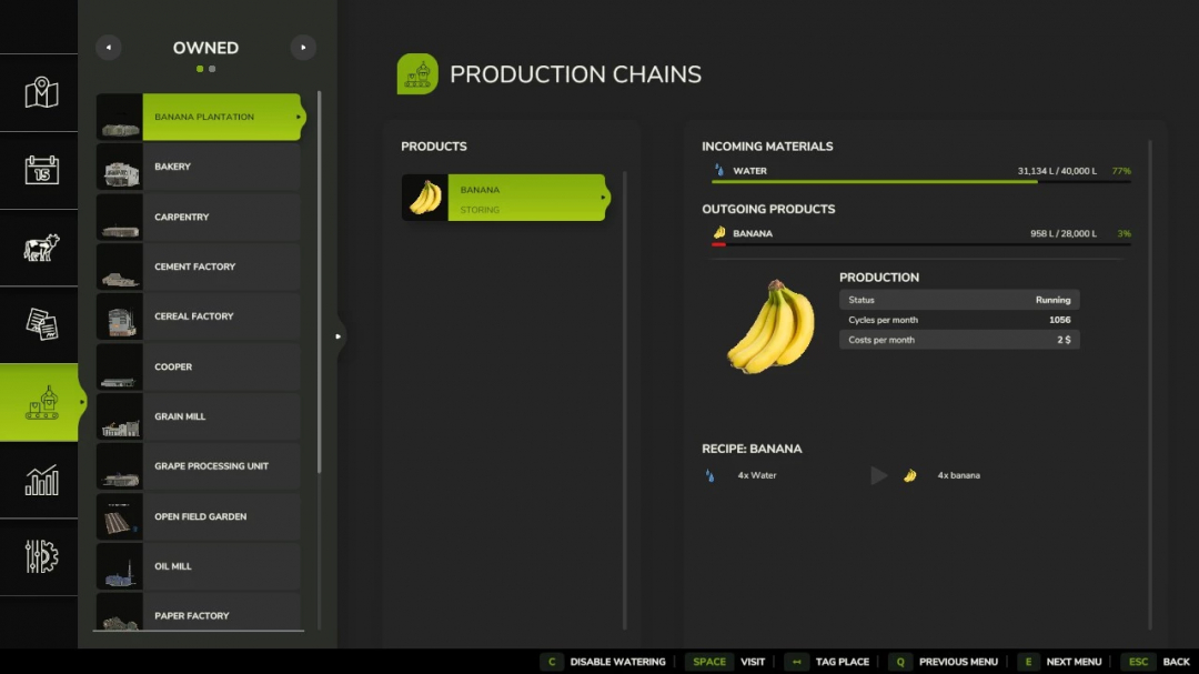 FS25 Banana Plantation mod showing production chains and materials overview.