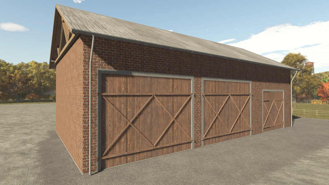 Brick building mod in FS25 with wooden doors, part of BRICK BUILDING PACK v1.0.0.0.