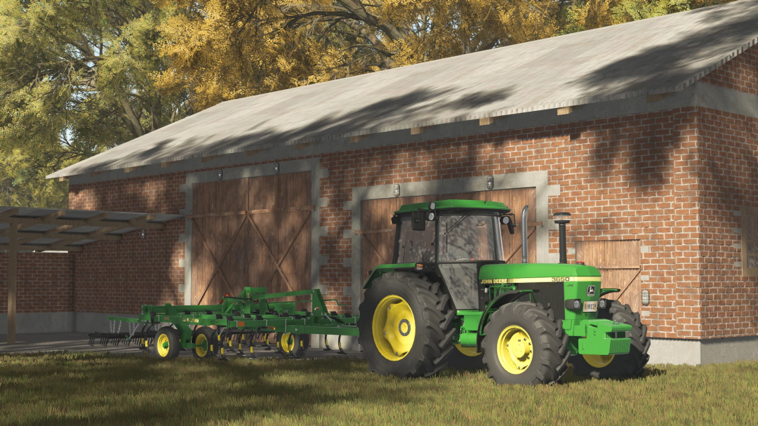 Brick building with tractor and equipment from FS25 BRICK BUILDING PACK mod.