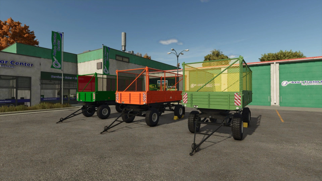 FS25 mods BSS P73SH v1.0.0.1 showing colorful trailers in Farming Simulator 25 near a tractor center.