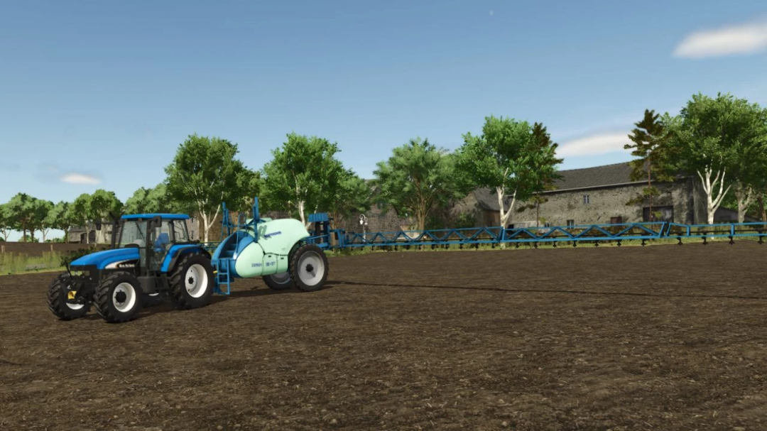 FS25 mod Berthoud Tenor 35-37 sprayer attached to a blue tractor on a field.