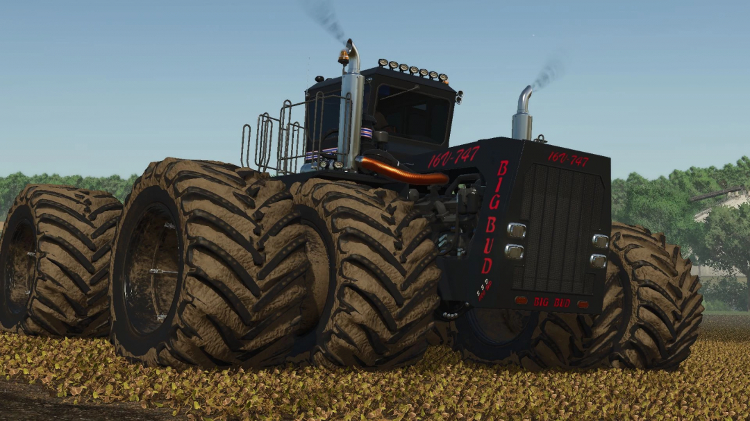 Big Bud 747 tractor mod in FS25, showcasing dual large tires on a field.