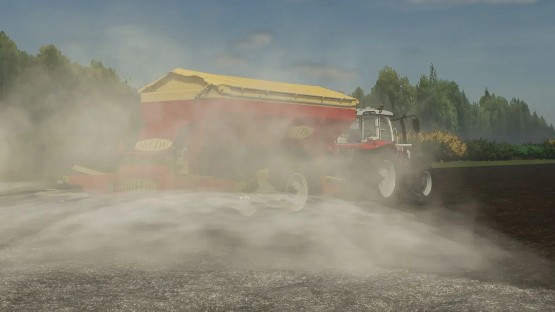 Bredal K165 fertilizer and lime spreader mod in FS25, spreading on a field.