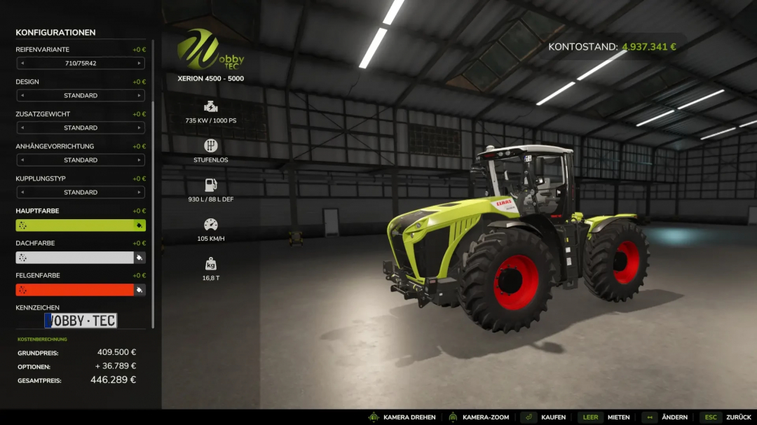 CLAAS Xerion 5000 WobbyTec mod in FS25 with customization options on display screen.