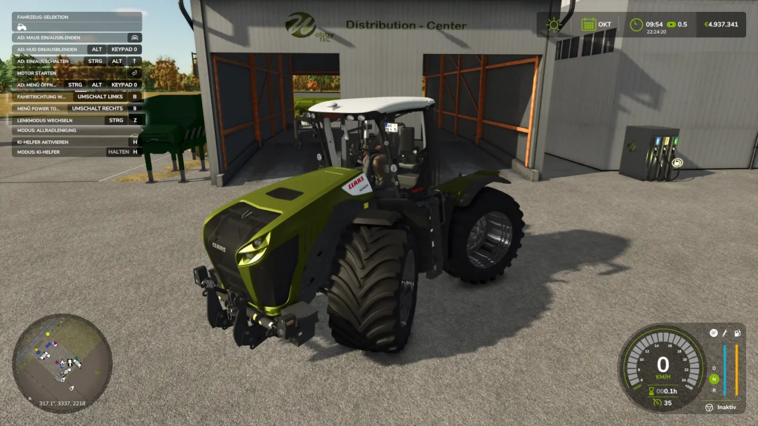 CLAAS Xerion 5000 tractor in Farming Simulator 25 mod by WobbyTec, parked at distribution center.