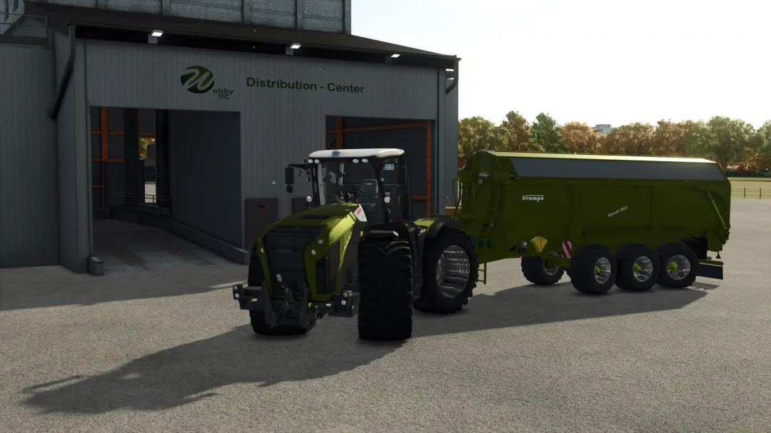 CLAAS Xerion 5000 WobbyTec mod in FS25, parked at a distribution center.