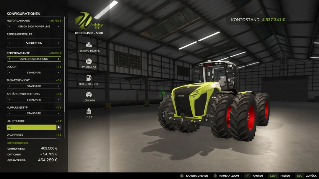 CLAAS Xerion 5000 WobbyTec v1.0.0.0 mod for FS25, shown in a garage with configuration options displayed.