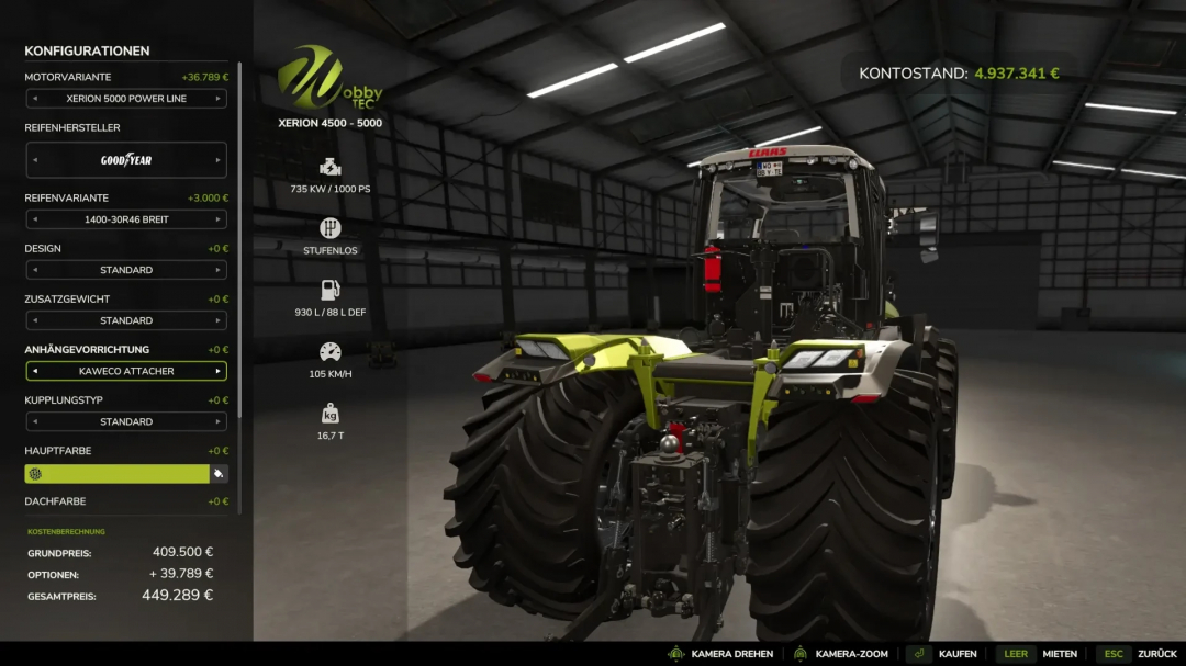 FS25 mod CLAAS Xerion 5000 WobbyTec v1.0.0.0 configuration screen, showing tractor in a garage with customization options.