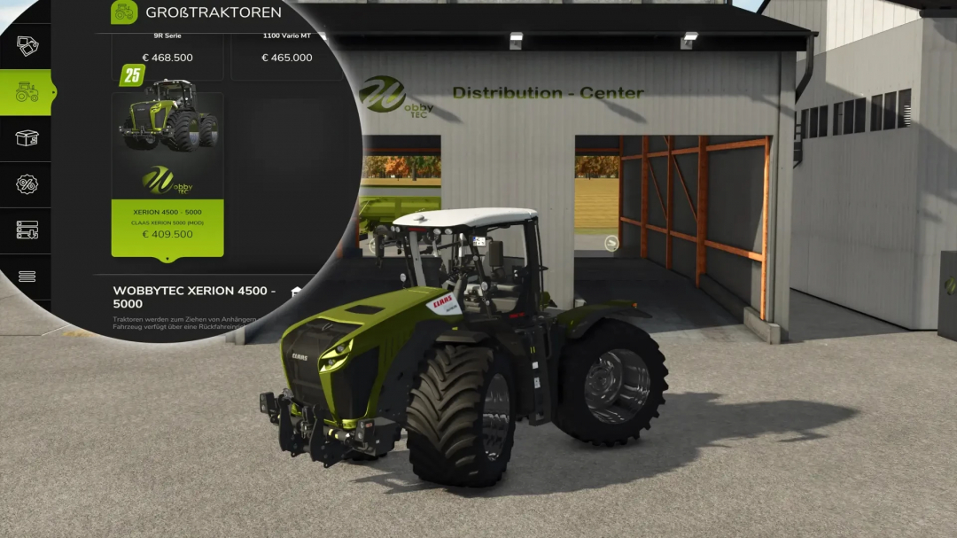 FS25 mod CLAAS Xerion 5000 WobbyTec showcased outside a distribution center.