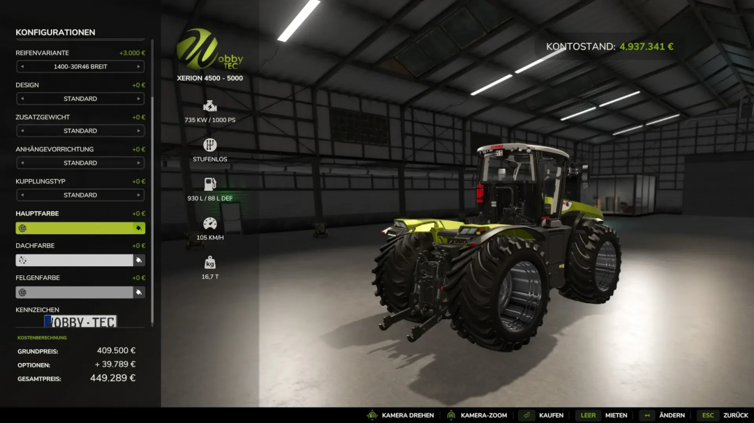 CLAAS Xerion 5000 WobbyTec mod in Farming Simulator 25, displaying tractor customization options in a virtual garage.