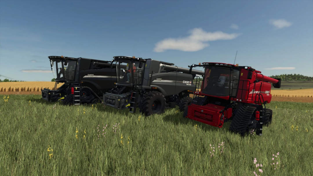 Three Case IH harvesters in a field from FS25 mods, showcasing the Case IH Harvesting Pack v1.0.0.1 in Farming Simulator 25.