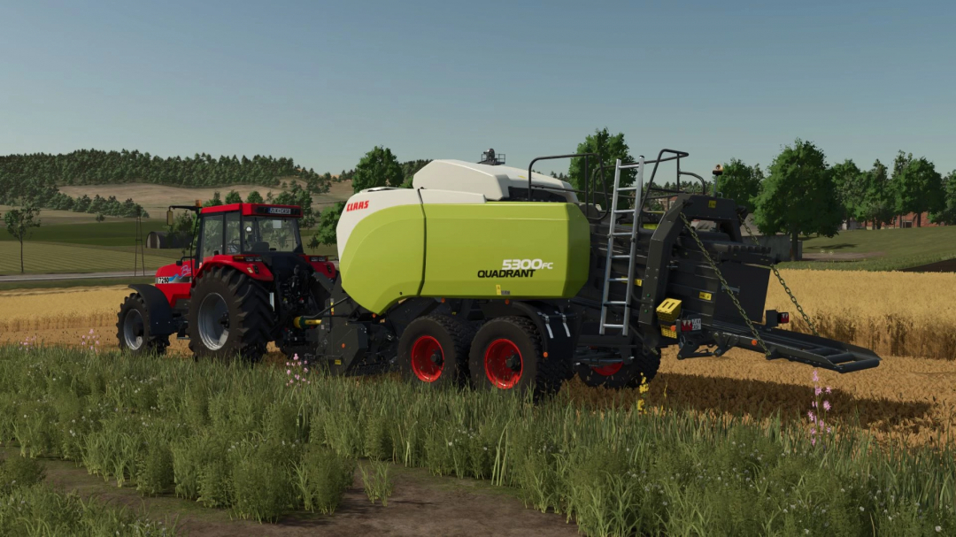 Case IH Magnum 7200 tractor with Claas Quadrant baler in FS25 mod landscape.