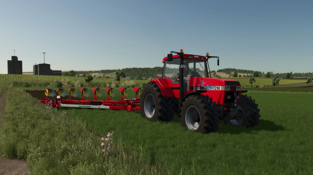 Case IH Magnum 7200 Pro tractor mod in FS25, plowing a green field under a clear sky.