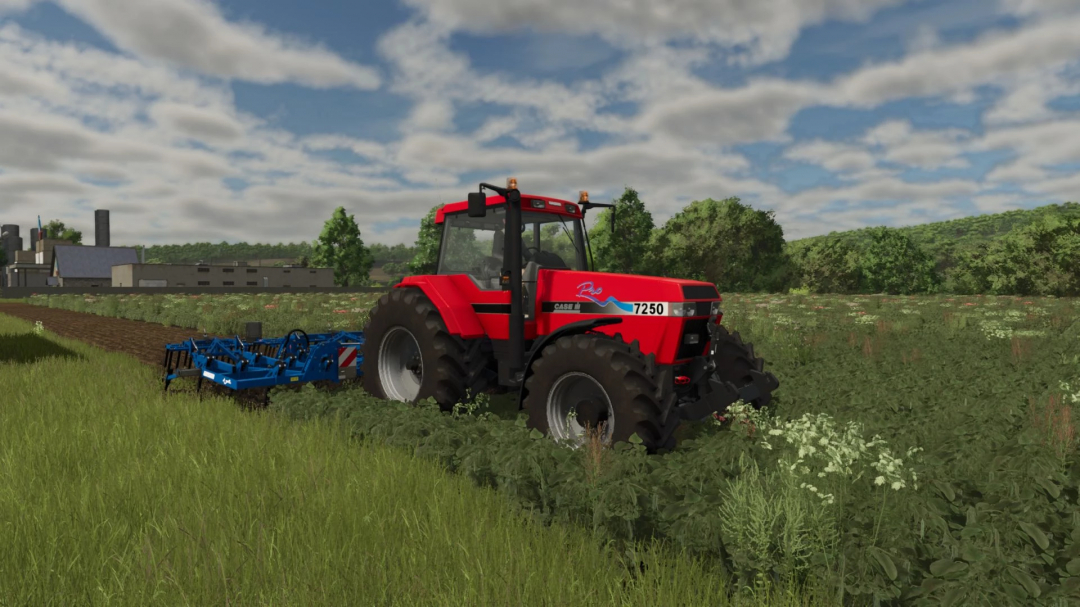 Case IH Magnum 7200 Pro tractor mod in FS25, working in a lush field under a cloudy sky.