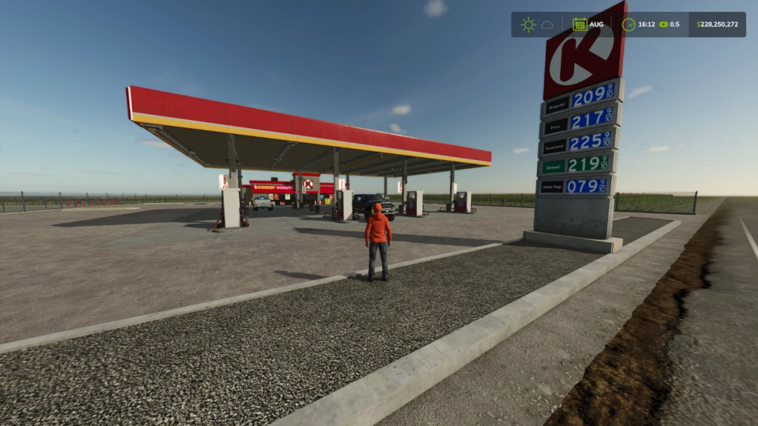 Circle K Gas Station mod in FS25 with fuel prices displayed.