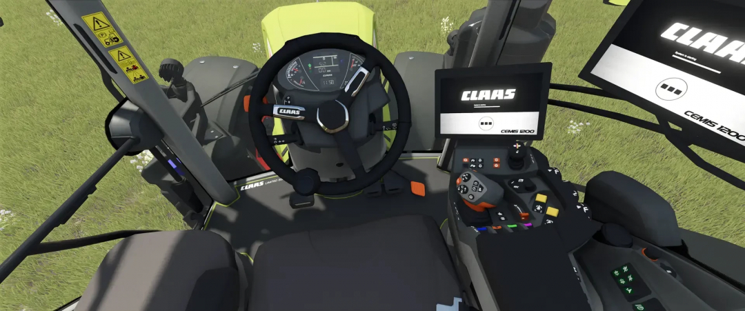 Interior of the Claas Axion 900 tractor in FS25 mod, showcasing the steering wheel and CEMIS 1200 display.