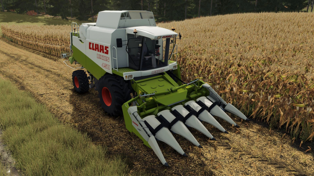 FS25 mod Claas Corio 675 FC harvester cutting corn in Farming Simulator 25.