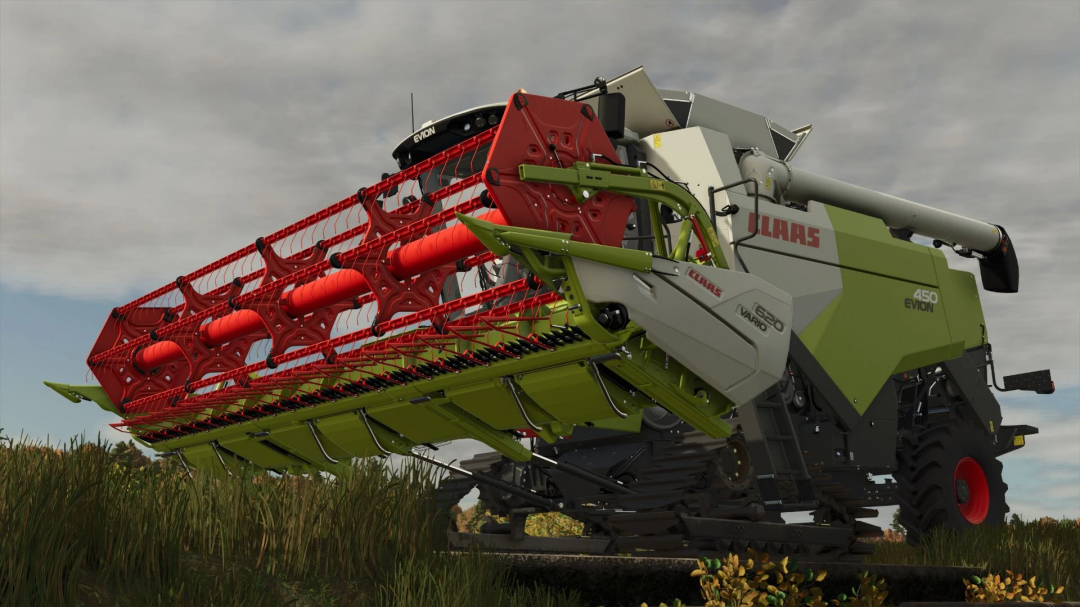 Claas Evion 450 Rice harvester mod in Farming Simulator 25, showcasing detailed machinery design. FS25 mods enhance gameplay realism.