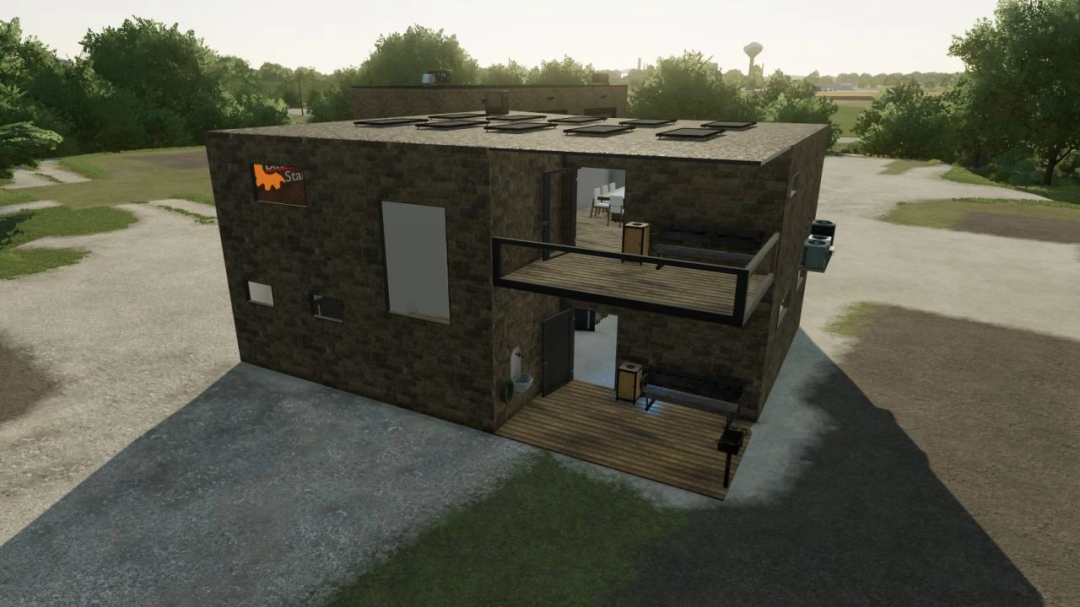 FS25 mod Construction yard Stani office v1.0.0.0 showing a modern two-story building with outdoor balconies.