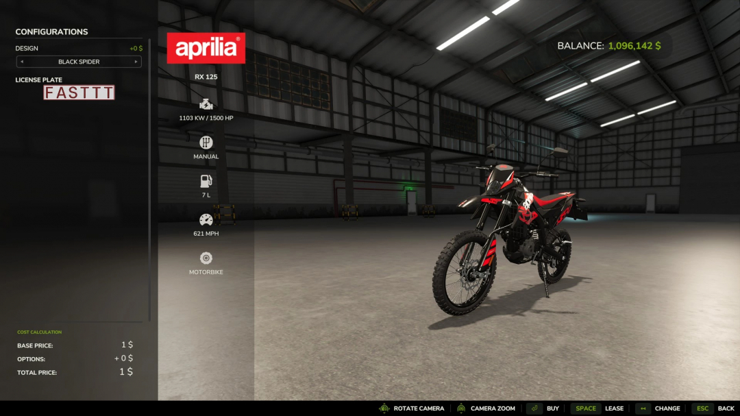 Crazy RX125 mod in Farming Simulator 25 showing details and customization options in a garage setting.