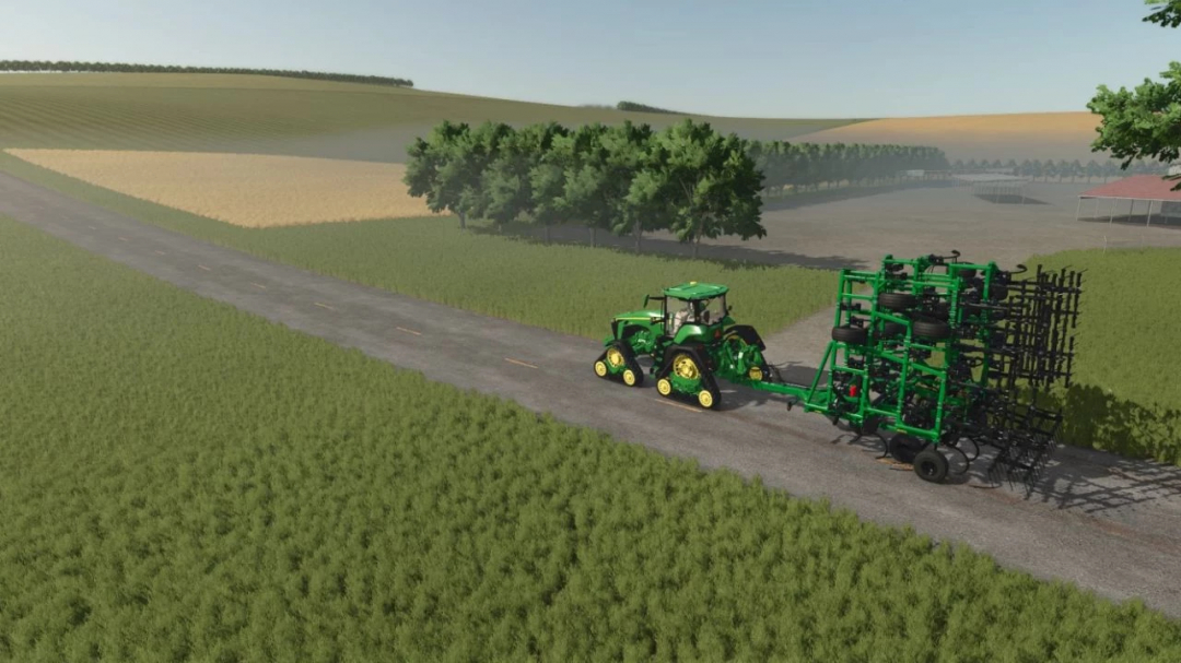 FS25 mods: Tractor hauling equipment on Dakota 4x Map v2.1, Farming Simulator 25.