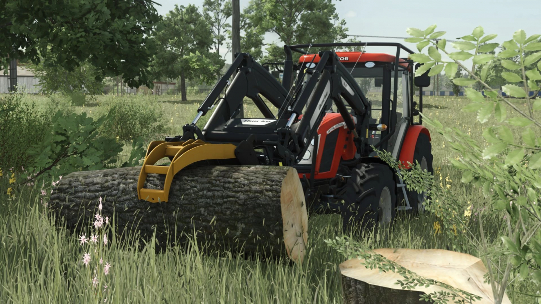 FS25 mod Dalen 2197 v1.0.0.0 shows a tractor with a log grapple in a grassy field.