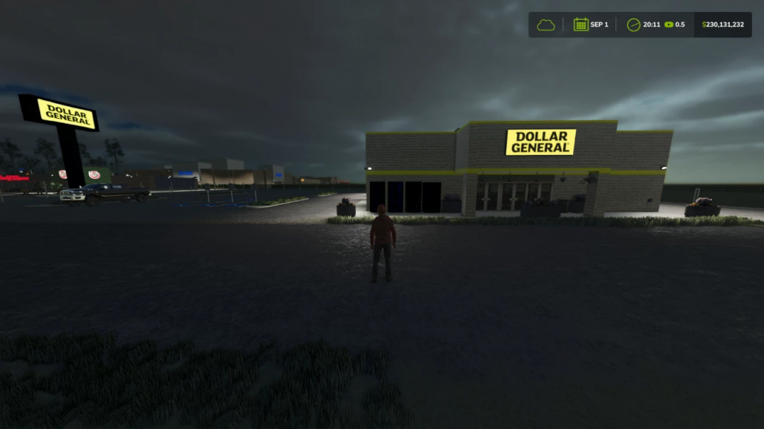 Dollar General store mod in FS25, evening scene showing lit signage.