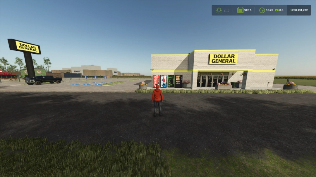 FS25 mod Dollar General store with player character outside, bright signage, and vending machines, set in Farming Simulator 25.