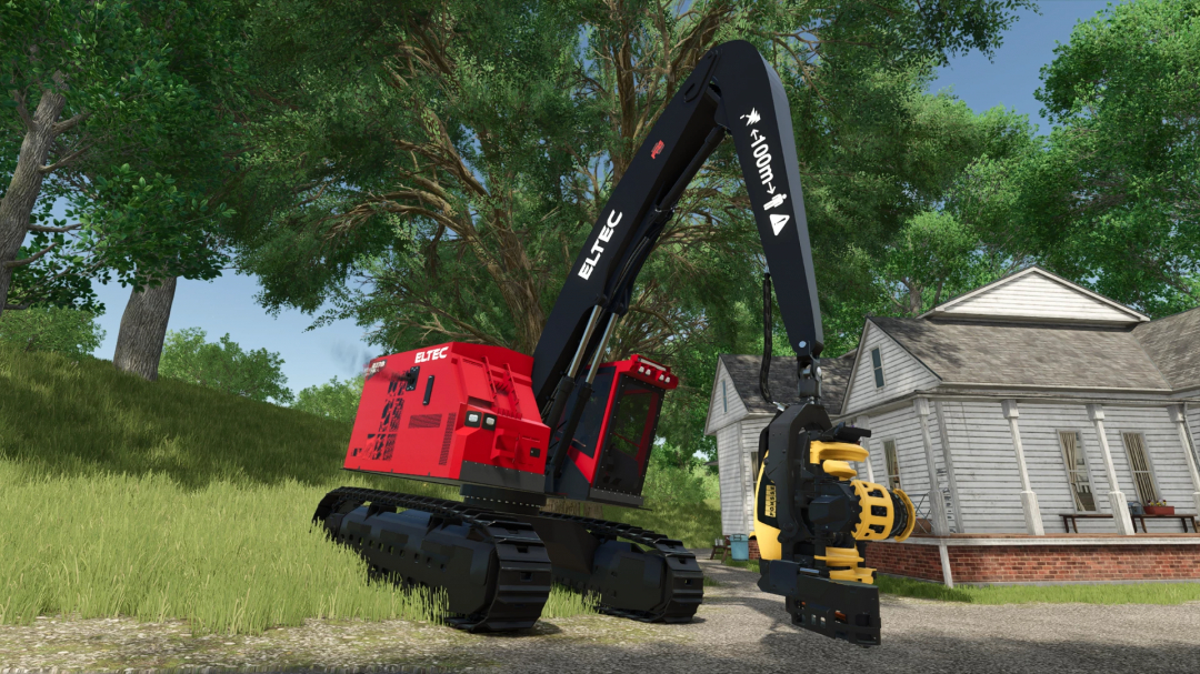 FS25 mod Eltec FH 277B v1.0.0.0 in a forest setting with a house in the background.