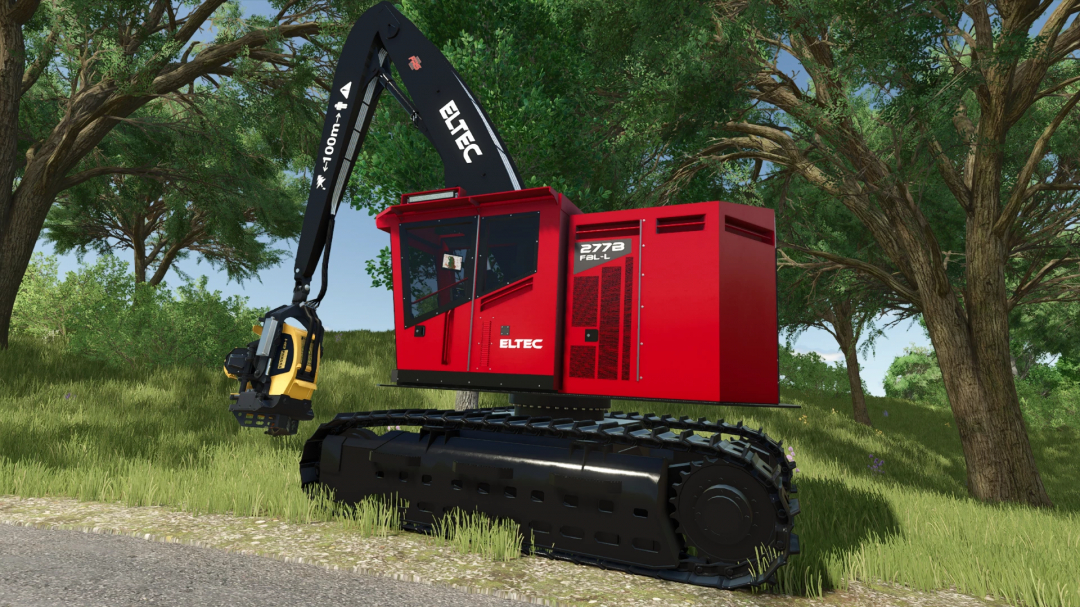 Image of Eltec FH 277B v1.0.0.0 mod for FS25, a red forestry vehicle on a grassy area with trees in Farming Simulator 25.