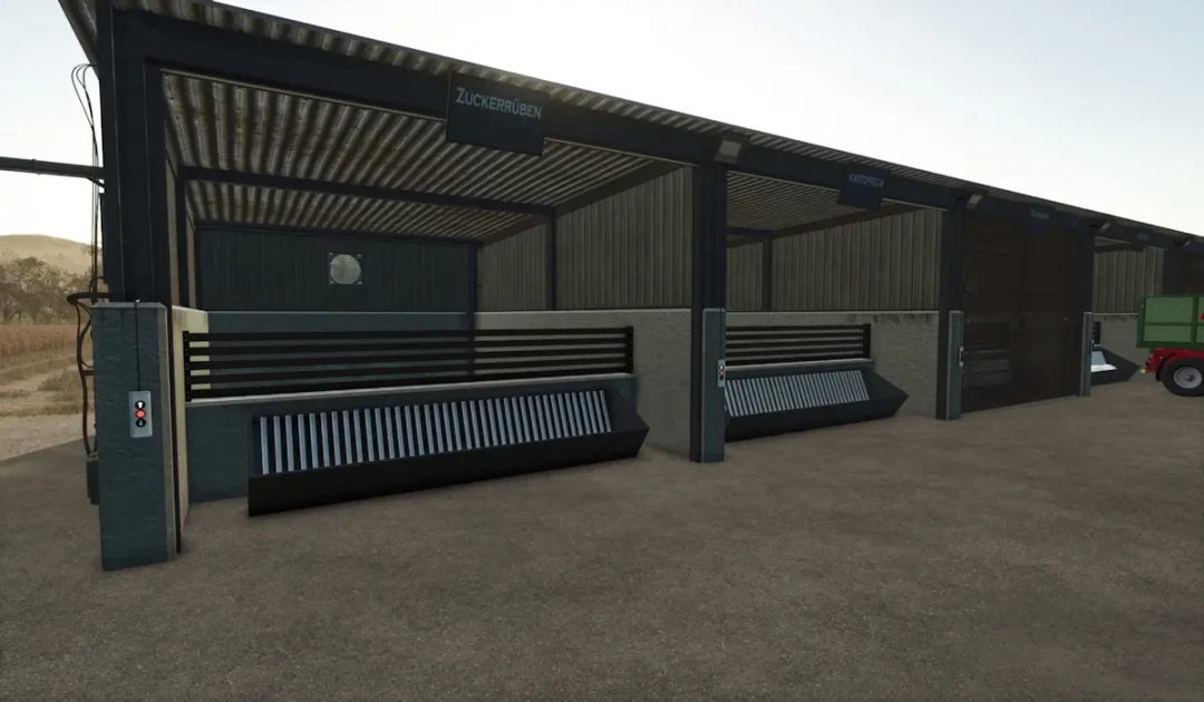 FS25 mods BulkHall v1.4.0.0 showcasing storage bays for Farming Simulator 25.