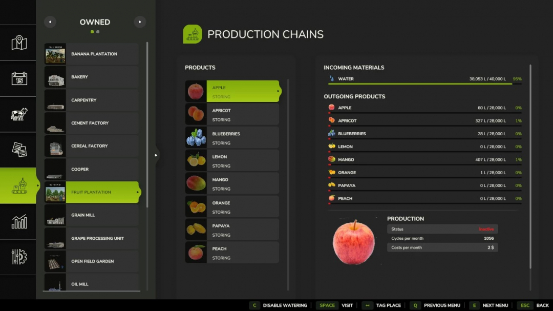 FS25 Fruit Tree Plantation Update v1.0.0.0 interface showing production chains and fruit inventory.