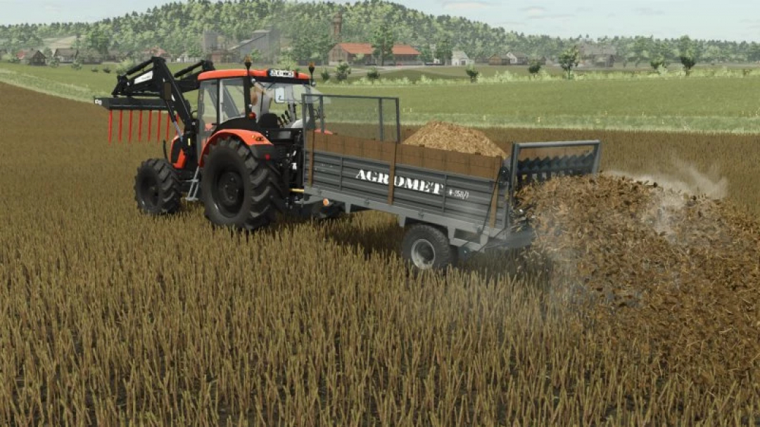 FS25 Agromet/Warfama N-250/1 mod in action, spreading soil on farmland with a tractor in Farming Simulator 25.