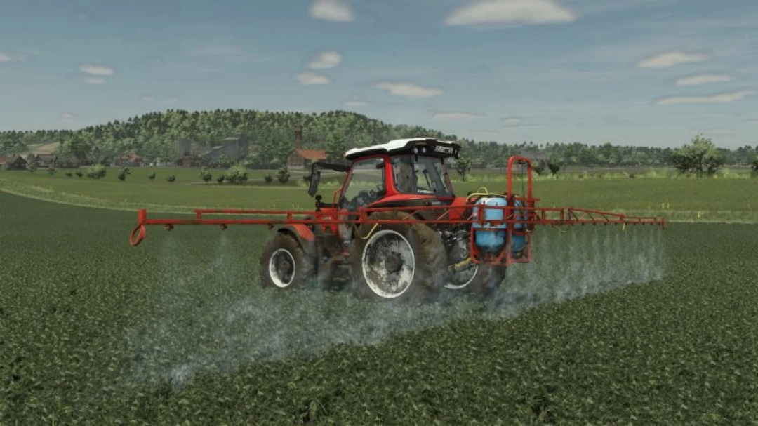 FS25 Biardzki P329/2 v1.0.0.0 mod showcasing a tractor spraying crops in Farming Simulator 25.