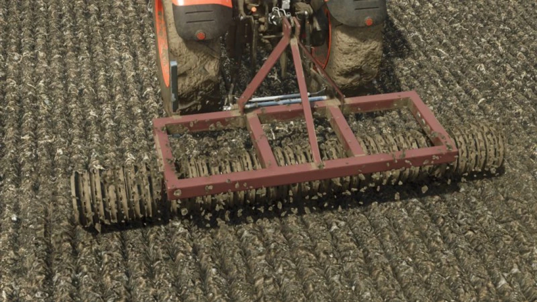 FS25 Crop Roller v1.0.0.0 mod in use, tilling soil in Farming Simulator 25.