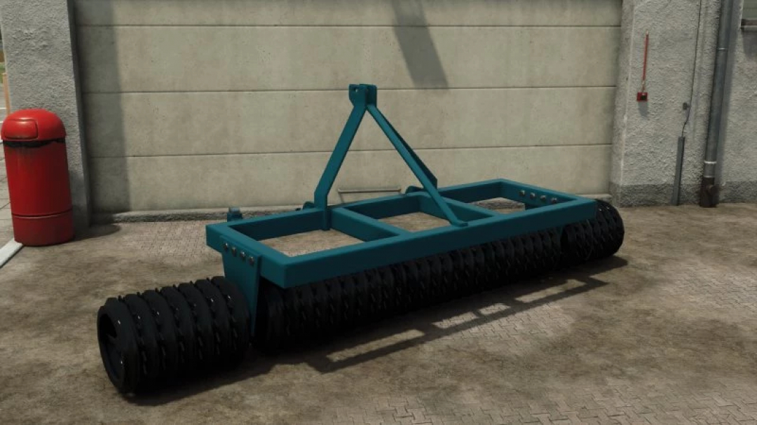 FS25 Crop Roller mod v1.0.0.0 for Farming Simulator 25, showcasing a blue agricultural roller against a concrete wall.