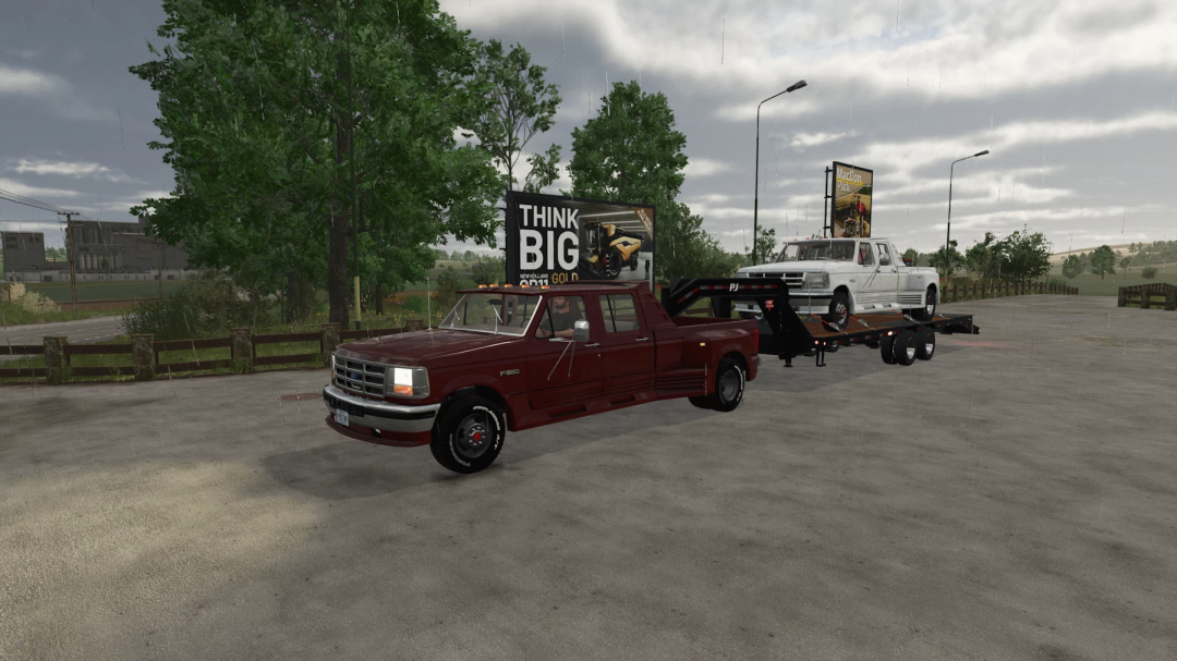 FS25 Ford obs truxarossa mod v1.0.0.0 in Farming Simulator 25 with a red truck towing a white vehicle on a trailer.