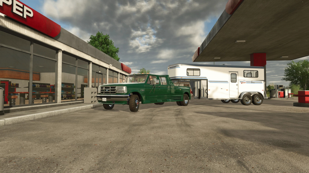 FS25 Ford OBS Truxarossa mod v1.0.0.0 at a gas station in Farming Simulator 25.