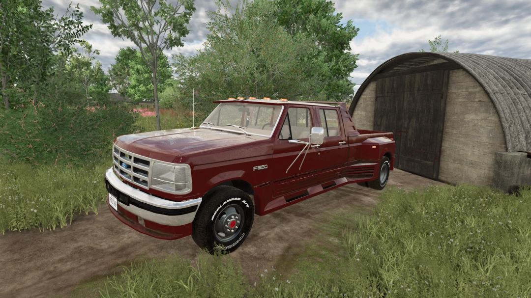 FS25 Ford obs truxarossa mod in a rural setting, showcasing a vintage red pickup next to a barn in Farming Simulator 25.