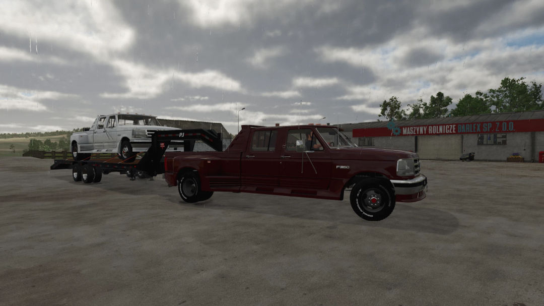 FS25 Ford obs truxarossa v1.0.0.0 mod showing two Ford trucks, one red, one white, with a trailer in Farming Simulator 25.