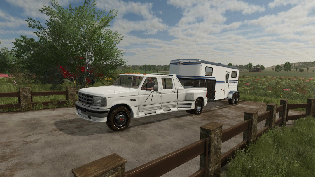 FS25 Ford obs truxarossa mod showing a white pickup with trailer on a farm road in Farming Simulator 25.