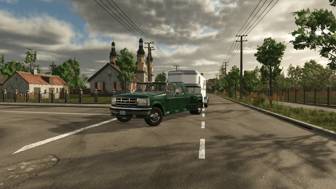 FS25 Ford obs truxarossa mod in Farming Simulator 25, featuring a green truck and trailer on a rural road.