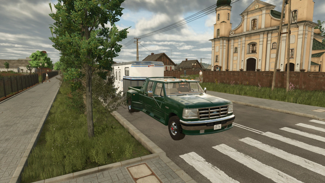 FS25 Ford obs truxarossa v1.0.0.0 mod in Farming Simulator 25, featuring a green Ford truck towing a trailer in a rural town setting.