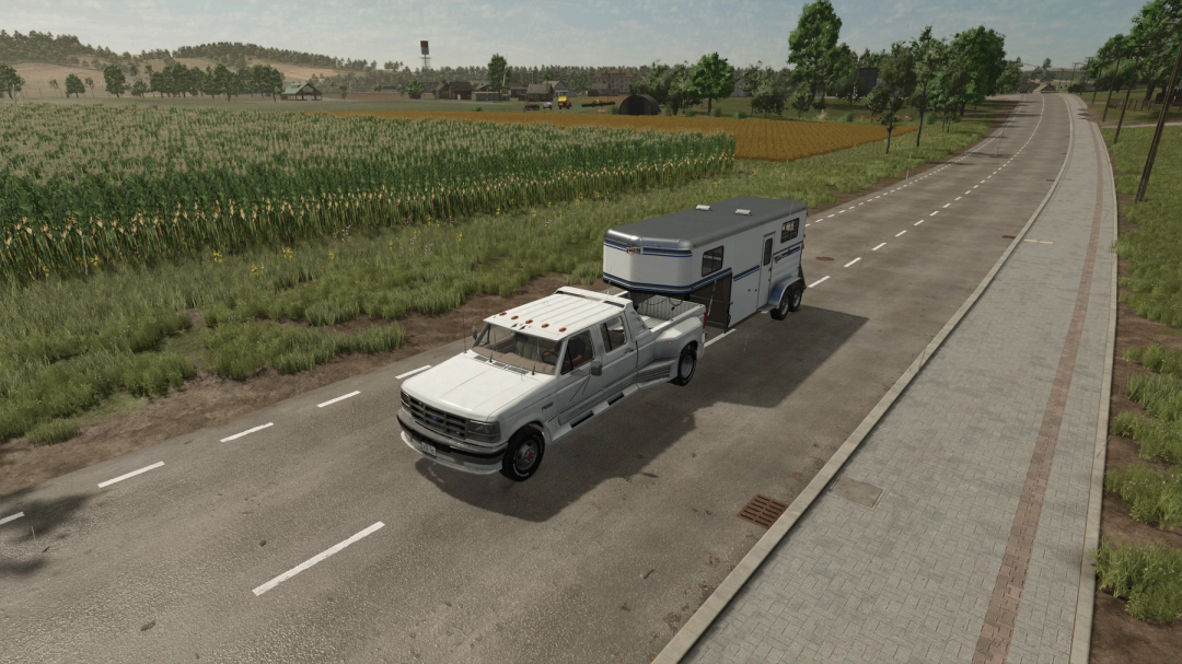 FS25 Ford obs truxarossa v1.0.0.0 mod showcasing a truck with a trailer on a rural road in Farming Simulator 25.