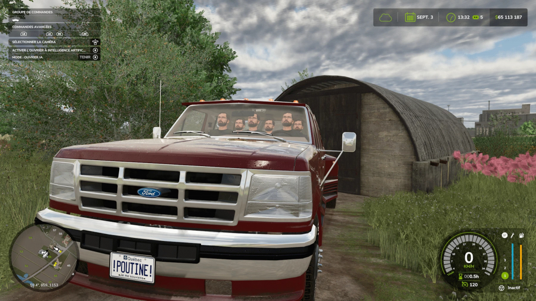 FS25 mod Ford obs truxarossa truck with POUTINE license plate in front of a barn.