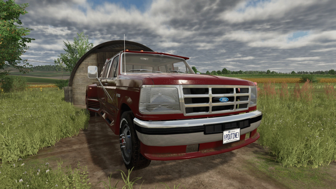 FS25 Ford obs truxarossa mod v1.0.0.0, a red Ford truck in a rural setting, featured for Farming Simulator 25 mods.