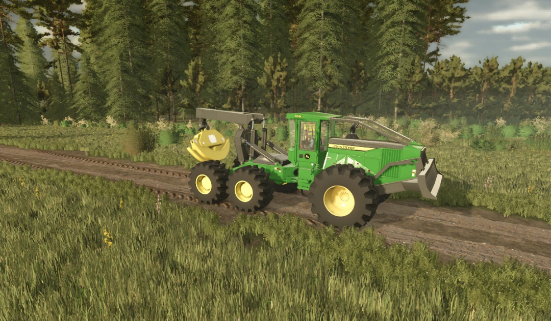 FS25 mods: JD 768l v1.0.0.0 tractor in forest setting, showcasing detailed machinery in Farming Simulator 25.