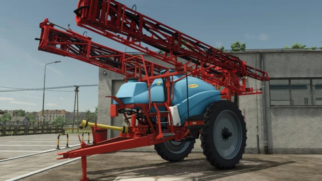 FS25 Jarmet Advanced 3000 sprayer mod in Farming Simulator 25, showcasing detailed design with red frame and blue tank.